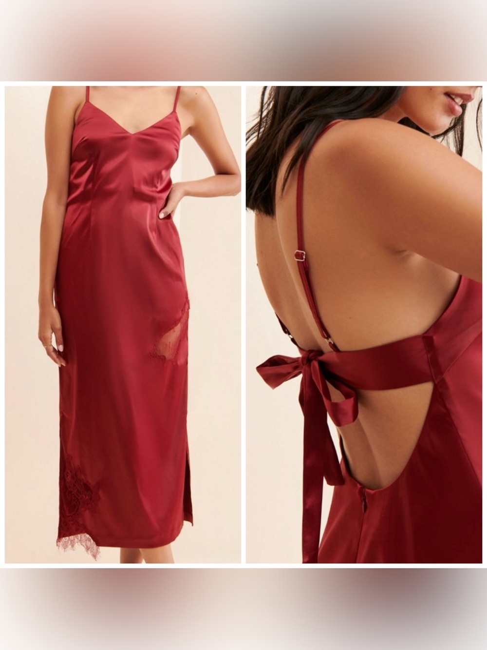 Allina Liu Red Satin Midi Slip Dress with Lace Accent Size 2
